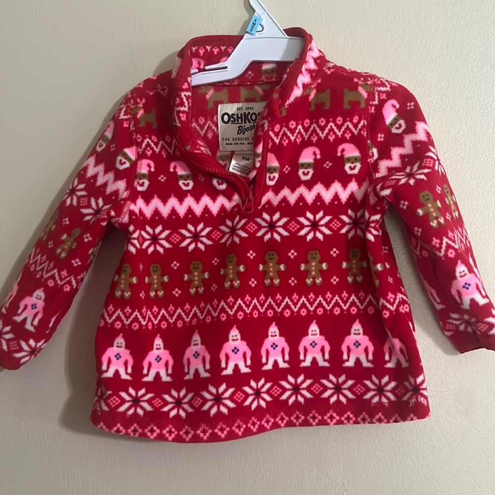 OshKosh fleece coat 9 months girls Christmas infants Santa  gingerbread pink red